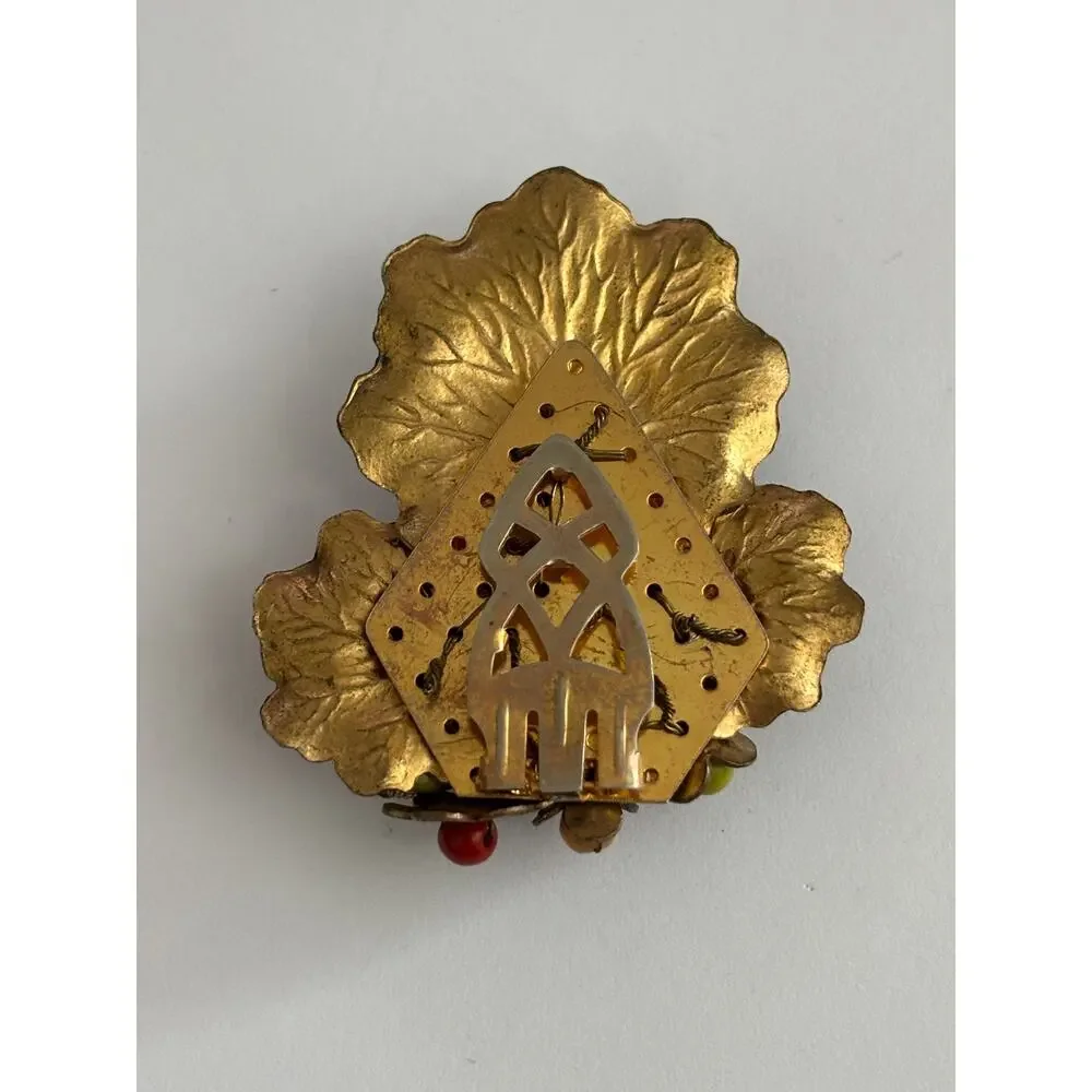 MIRIAM HASKELL by Frank Hess Dress Clip gold tone lily pads earth tone beads